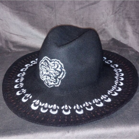 Hand Crafted Accessories - Hand Painted Black Wool Floppy Brim Fedora Hat with Bling